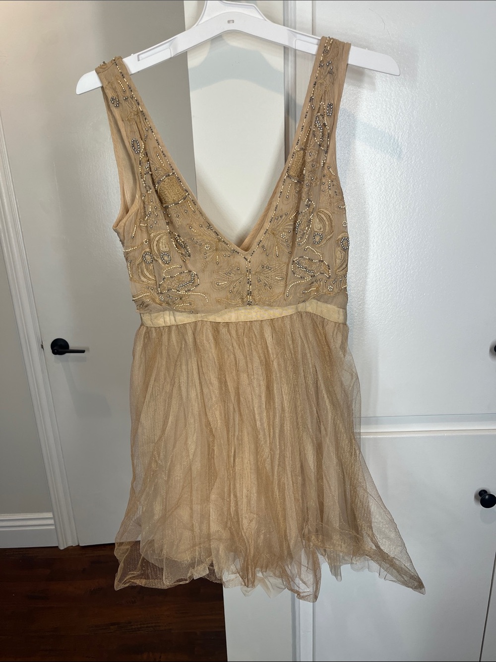 Free People Beaded Tulle Chemise in Champagne